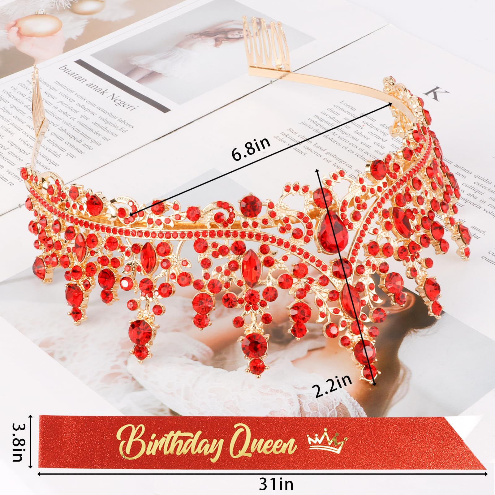 KICOSY Birthday Sash and Crown for Women Red Birthday Headband and Birthday Queen Sash Set Happy Birthday Tiara for Women Crystal Birthday Crown Adult Women Birthday Decorations