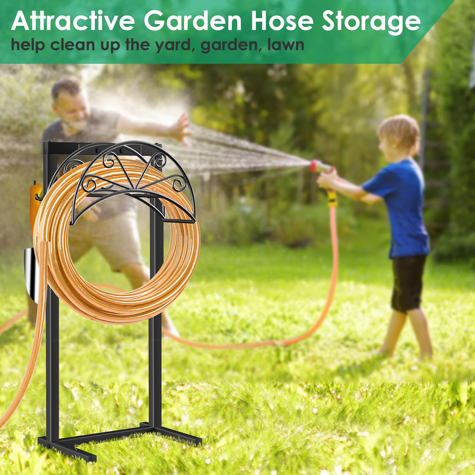 TomCare Garden Hose Holder Heavy Duty Water Hose Holder with 2 Tool Hooks Sturdy 4 Spikes Hose Reel Holds 150ft Hose Freestanding Hose Hanger Hose Storage Organizer for Outside Yard Lawn, Black