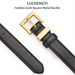 LUCHENGYI 2 Pack Women's Leather Belt for Jeans Pants Dresses Fashion Ladies Wasit Belt with Square Gold Buckle