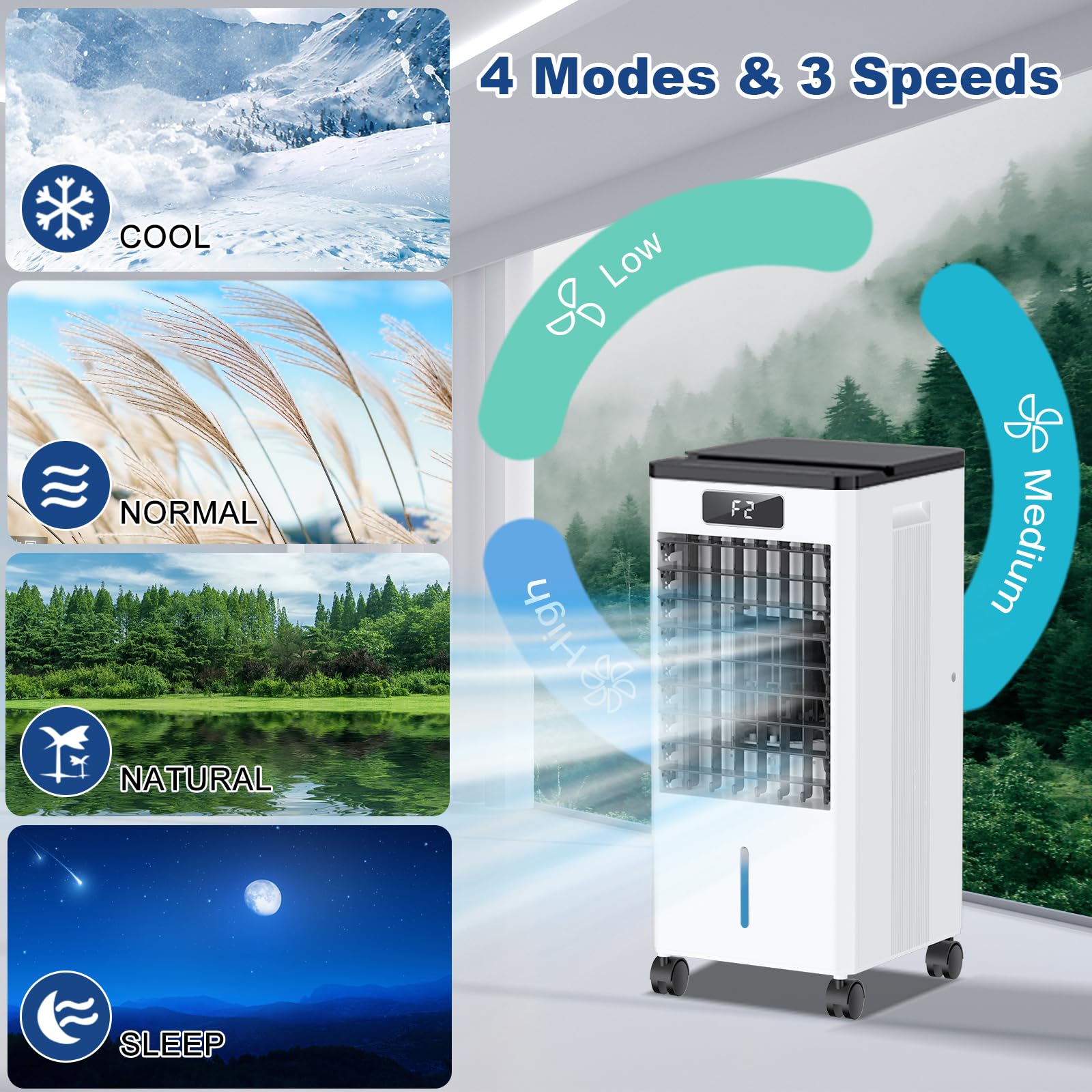 Portable Air Conditioners, 3-IN-1 Evaporative Air Cooler w/4 Modes 3 Speeds, 1.6 Gal Water Tank, Swamp Cooler w/Remote, Windowless Air Conditioner w/12H Timer, Child Lock, Portable AC for Room Office