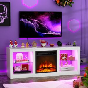 breezeheat 58inch electric fireplace tv stand for 65'' tv-entertainment center with 18'' fireplace and led light-tv console with glass shelves, power outlets, remote control (white marble)