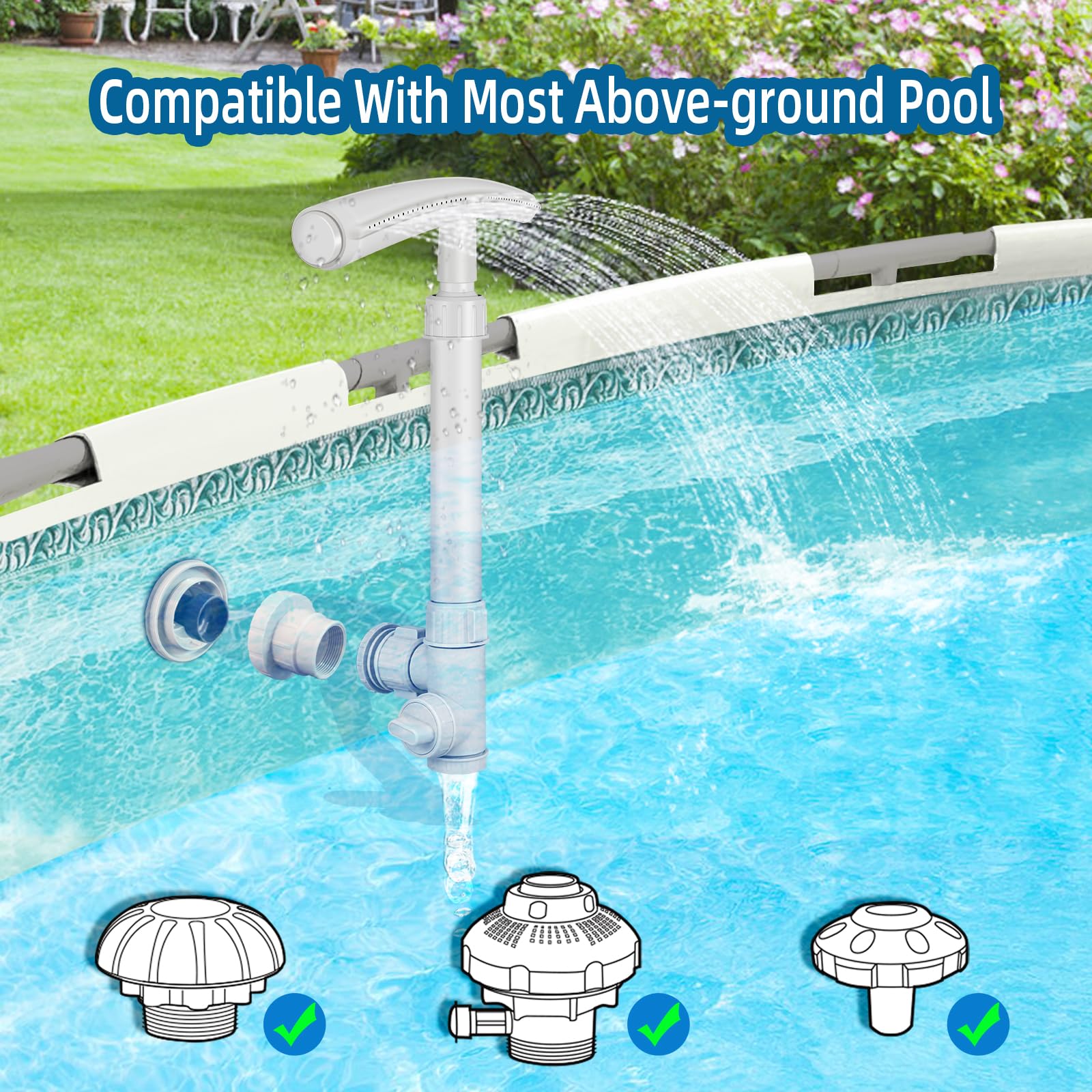 Pool Fountain for Above and In-Ground Pools, Dual Spray Pool Waterfall Fountain, 360°Adjustable Waterfall Pool Sprinkler Fountain for Cooling & SPA Relaxation, Above and Inground Pool Accessories