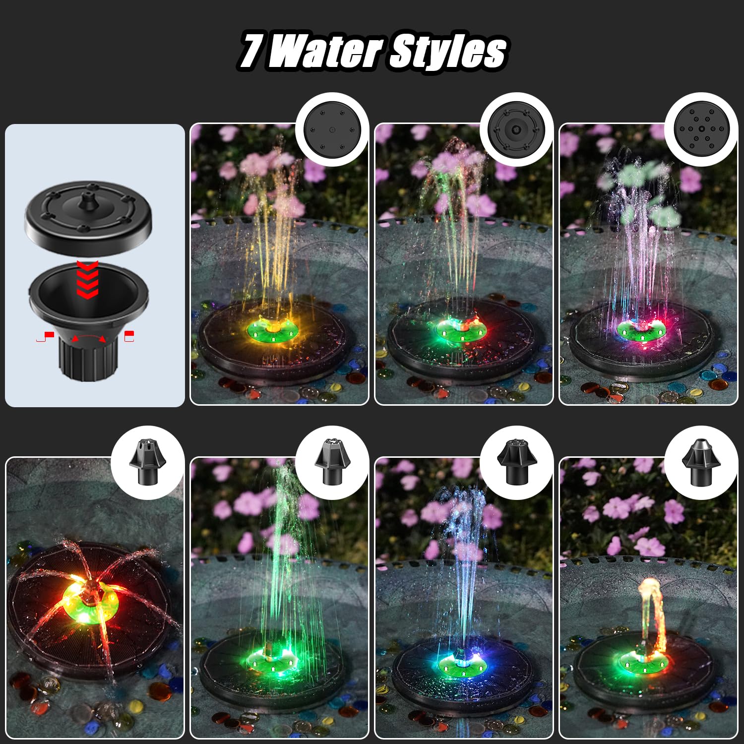 Yzert Solar Fountain with LED Lights Green Flower, 3.5W Glass Solar Bird Bath Fountains Pump with 2200 mAh Battery, Solar Water Fountain for Bird Bath, Garden, Outdoor, Pond -Black Panel Colorful