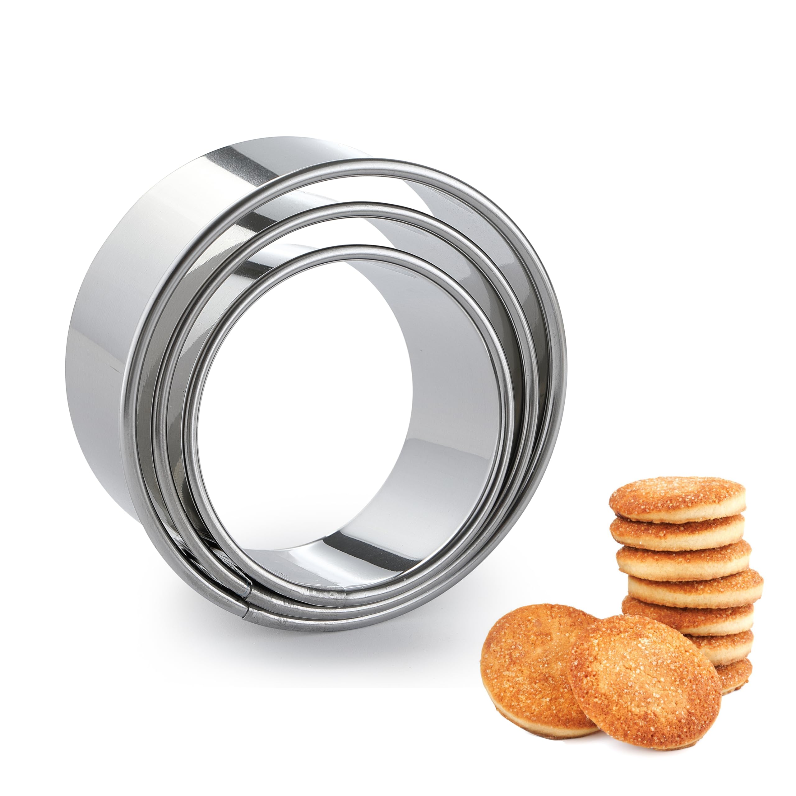 3PCS Cookie Cutters, COKUMA Biscuit Cutter Tools, Stainless Steel Round Cookie Cutter, Donut Cutter Ring Molds for Baking (3.2in 2.8in 2.4in)