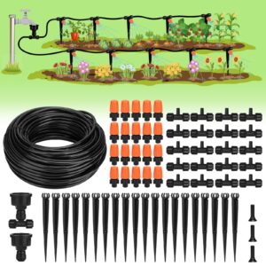 landtouch 50ft micro drip irrigation kit, micro drip irrigation system kit with adjustable misting nozzle sprinkler, tubing and connectors, watering for garden, flower beds, and potted plants