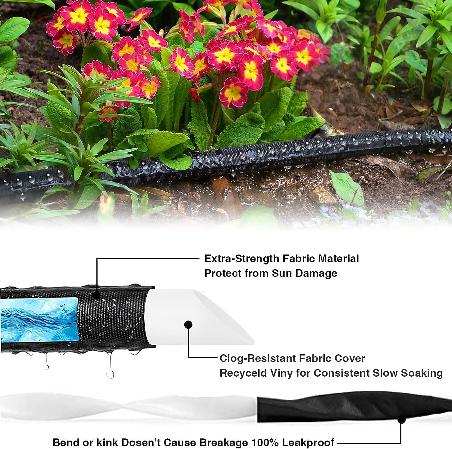 Flat Garden Soaker hose 50ft,Drip irrigation hose for garden beds,water hose with holes for flower beds,Saves 80% water.