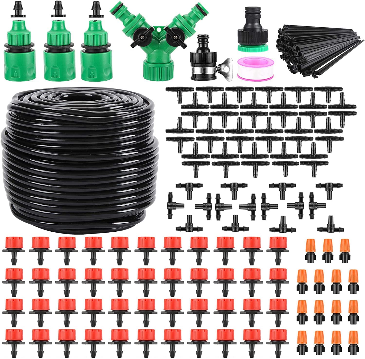 WUGAOGAI Drip Irrigation System 164FT 180 Pack Garden Drip Irrigation Kit 1/4"" Blank Tubing Drip Kit DIY Automatic Irrigation Equipment Set for Garden Greenhouse, Flower Bed,Patio,Lawn