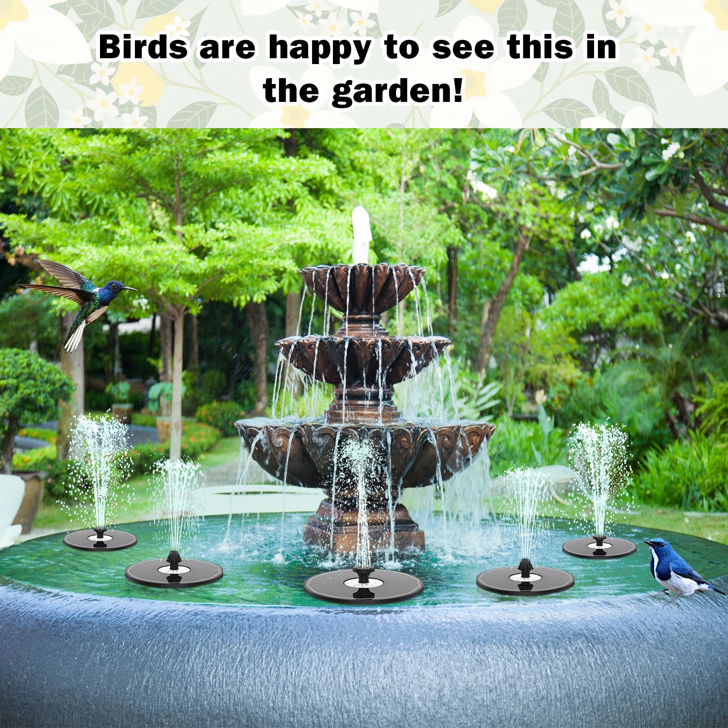 Yzert Solar Fountain Glass White Flower, 3.5W Bird Bath Fountains Solar Power No Battery with 4 Fixed Rods & 7 Nozzles, 2024 Solar Fountain Pump for Bird Bath, Garden, Outdoor, Pond, Pool,Hummingbird