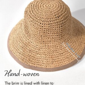 FURTALK Sun Hats for Women Summer Beach Hat Wide Brim Handmade Straw Hat Foldable Packable UPF 50 Crochet Travel Bucket Hat Khaki