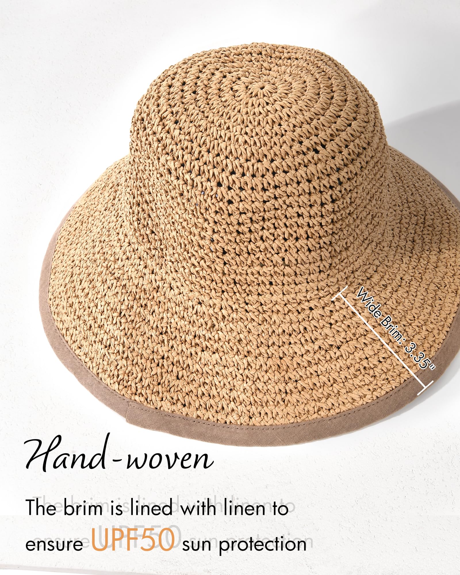 FURTALK Sun Hats for Women Summer Beach Hat Wide Brim Handmade Straw Hat Foldable Packable UPF 50 Crochet Travel Bucket Hat Khaki