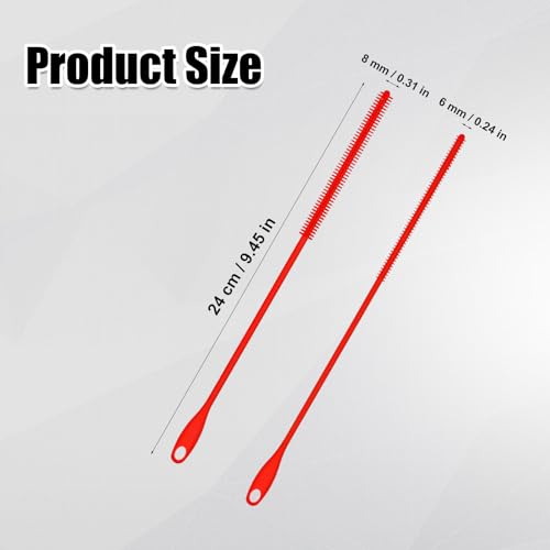 2pcs Silicone Straw Brushes, Extra Long Straw Cleaning Brush Reusable Travel Drinking Bottle Straw Cleaner Bendable Crevice Brush Pipe Cleaners for Smoothie Straw Washing, Red (6mm+8mm)