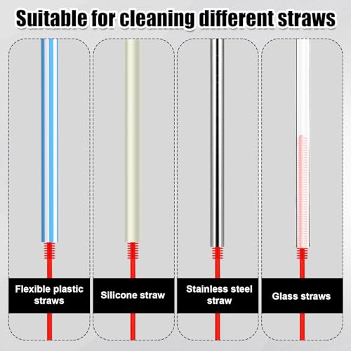 2pcs Silicone Straw Brushes, Extra Long Straw Cleaning Brush Reusable Travel Drinking Bottle Straw Cleaner Bendable Crevice Brush Pipe Cleaners for Smoothie Straw Washing, Red (6mm+8mm)