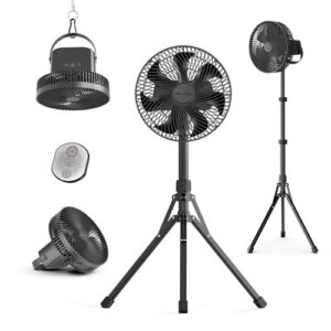 marchpower 10in outdoor standing fan, foldable camping fan with detachable tripod 10000mah rechargeable travel fan with remote quiet oscillating fan adjustable height pedestal floor fan for home