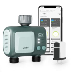 diivoo smart sprinkler timer 2 zone, 2.4ghz wifi water hose timer compatible with alexa and google, remote control irrigation timer, automatic manual watering, rain delay, for garden, yards and lawns