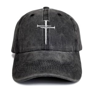 Giavuwn Christian Redeemed Cross Nails Hats for Men Women, Vintage Cotton Embroidered Front & Back Adjustable Baseball Cap Black