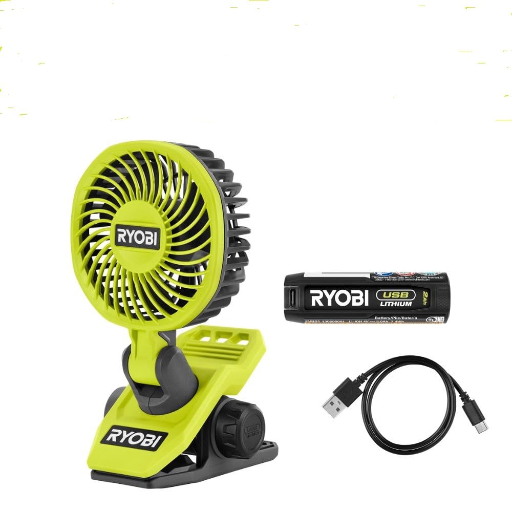 RYOBI USB Lithium Clamp Fan Kit with 2.0 Ah USB Lithium Battery and Charging Cable, GREEN