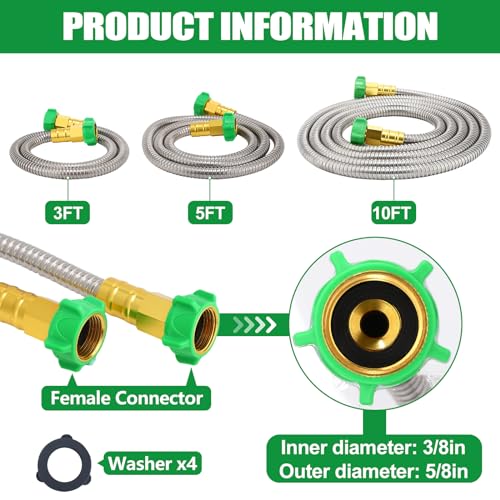 Short Garden Hose with Female to Female Connector, 3ft Metal Leakproof Leader Hose for Hose Reel, Heavy Duty 304 Stainless Steel Flexible Hose for Outdoor Garden Watering Car Pet Cleaning