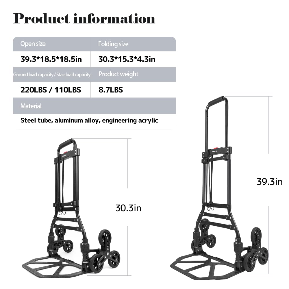 RJTEK【Material upgrading】Stair Climber Dolly 400lb Capacity, Improved Tire Size, Effortlessly Climbs 18cm Stairs, Hand Truck and Dolly,Heavy-Duty Cart with Telescoping Handle, Large Tires, and 2 Ropes