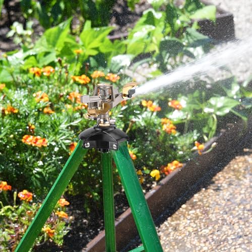 Tripod Sprinklers for Yard, Yumatum Lawn Sprinkler with 360 Degree Large Area Irrigation, Heavy Duty Adjustable Height from 16”-37”, 3/4 Inch Connector Sprinkler for Lawn/Yard/Garden, 1 Pack