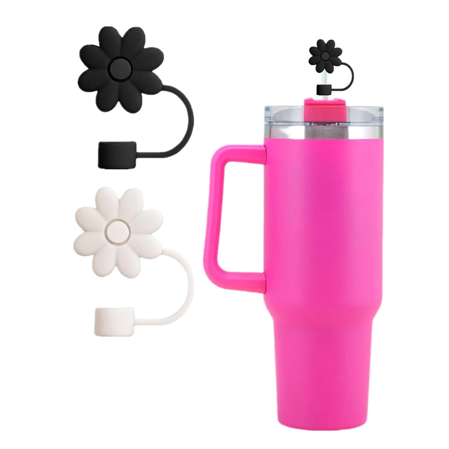 2 Pack Flower Straw Cover Cap for Stanley Cup Cute Silicone Straw Topper Compatible with 30&40 Oz Tumbler with Handle,Straw Tip Covers 10mm 0.4in Diameter (Black and White Flower)