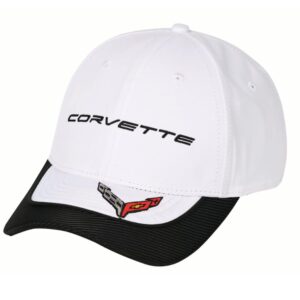 c8 corvette hat - next generation cap with carbon fiber accent bill - officially licensed by gm white