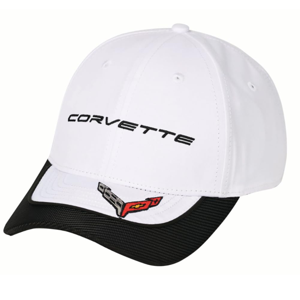 C8 Corvette Hat - Next Generation Cap with Carbon Fiber Accent Bill - Officially Licensed by GM White