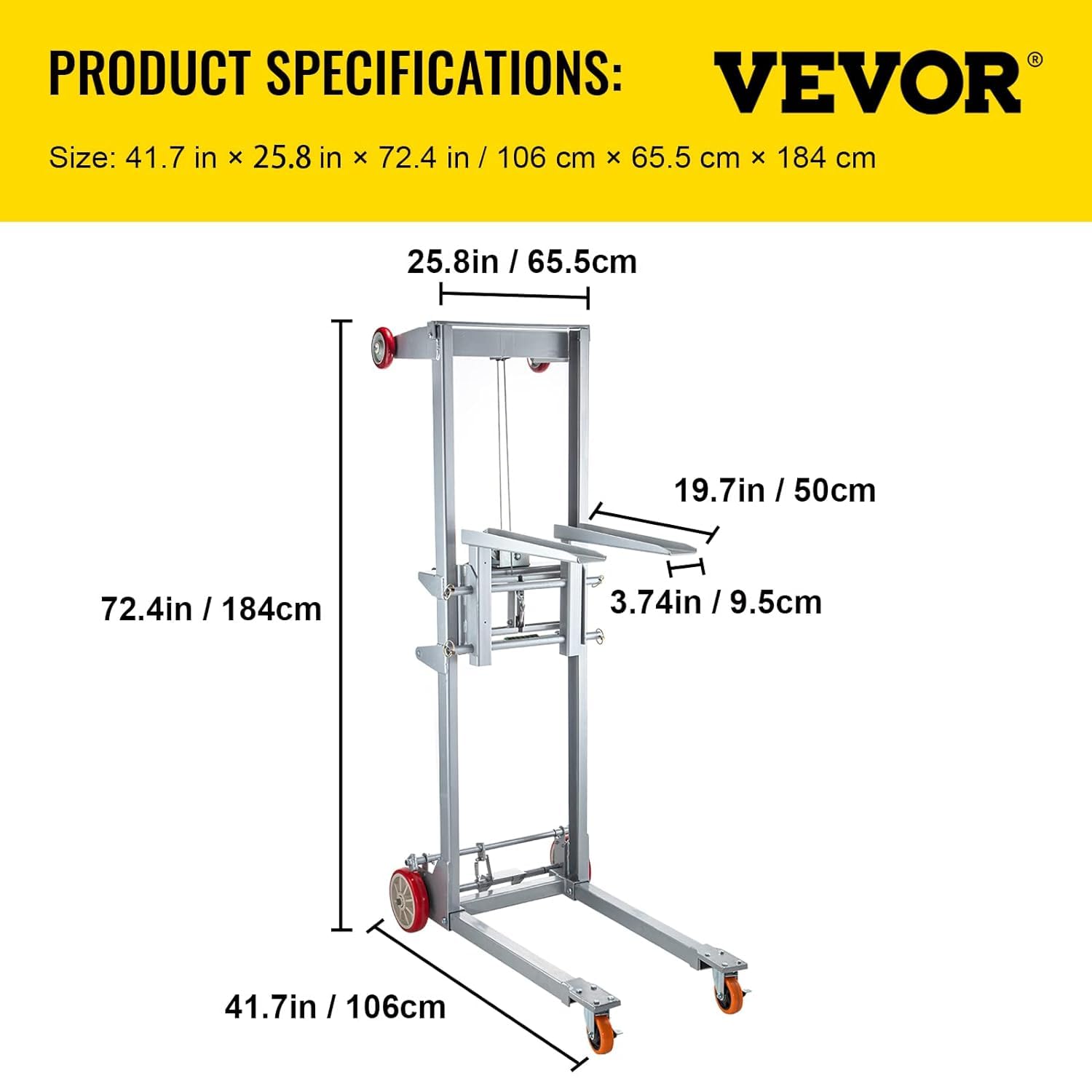 VEVOR 41.7" L x 25.8" W x 72.4" H Manual Winch Stacker, with 2.4" - 63" Height Range and 551 lbs Capacity, Adjustable Straddle Hand Winch Lift Truck, Material Lifts for Warehouse and Factory