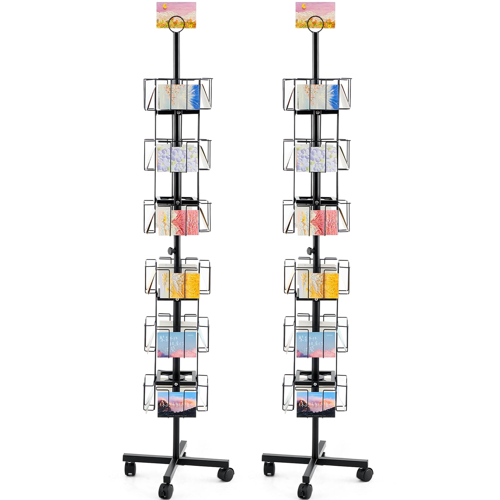 GlikCeil 2 Pcs Rotating Greeting Card Rack 24 Pocket 6 Tier Metal Greeting Card Display Rack Fit 5" x 7" Cards Stand Spinning Postcard Greeting Card Holder for Grocery Retail Thrift Convenience Store