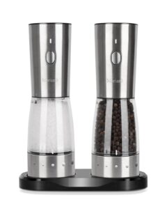 electric salt and pepper grinder set, large capacity 5.3oz salt and pepper grinder set with adjustable coarseness, rechargeable stainless steel electric pepper grinder with elegant storage base