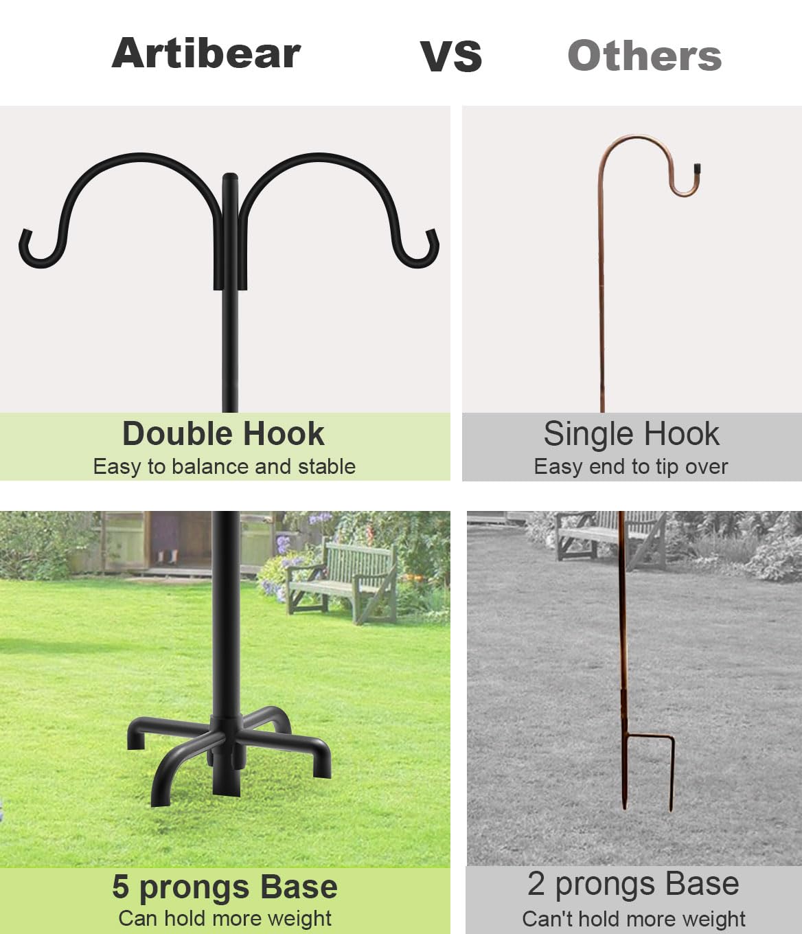 Artibear Double Shepherd Hooks for Outdoor, 76" Heavy Duty Bird Feeder Hangers Garden Hooks with 5-Prong Base, Outside Hanging Pole for Plant Baskets, Solar Light Lanterns, Wind Chimes, 1 Pack