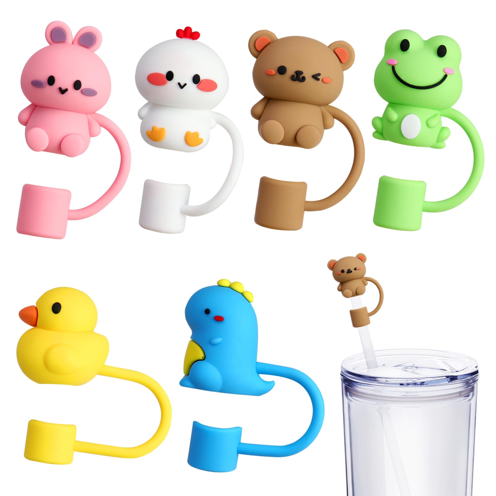 6Pcs Straw Covers Cap, Cute Animals Silicone Straw Toppers Compatible with Stanley Cup, Drinking Straw Caps for 0.4 Inch/10 mm Straw Tips