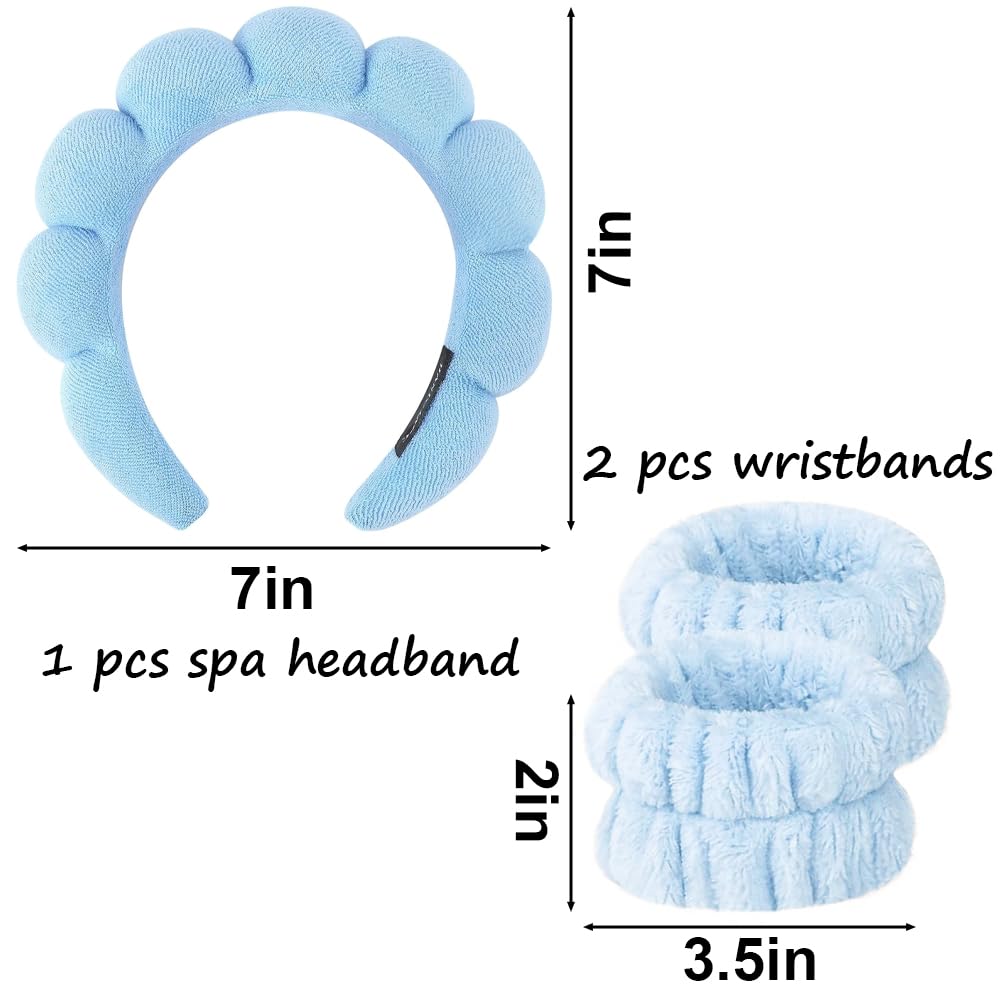 ANEESAA Spa Headband for Washing Face Wristband Set Sponge Makeup Skincare, Terry Cloth Bubble Soft Get Ready Hairband for Women Girl Puffy Padded Headwear Thick Hair Accessory (Blue)