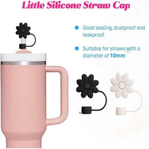 2 Pack Flower Straw Cover Cap for Stanley Cup Cute Silicone Straw Topper Compatible with 30&40 Oz Tumbler with Handle,Straw Tip Covers 10mm 0.4in Diameter (Black and White Flower)