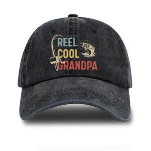 rofiowa reel cool grandpa adjustable vintage washed cotton baseball cap, funny retro trucker hat for men grandpa dad fishing lover, retirement birthday gift for fisherman