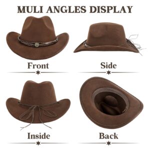 DOCILA Brown Cowboy Hat Men Women with Removable Pu Leather Rhinestone Hat Strap & Wrap Bracelet Set Western Cowgirl Hats Felt Rodeo Outfits Accessories