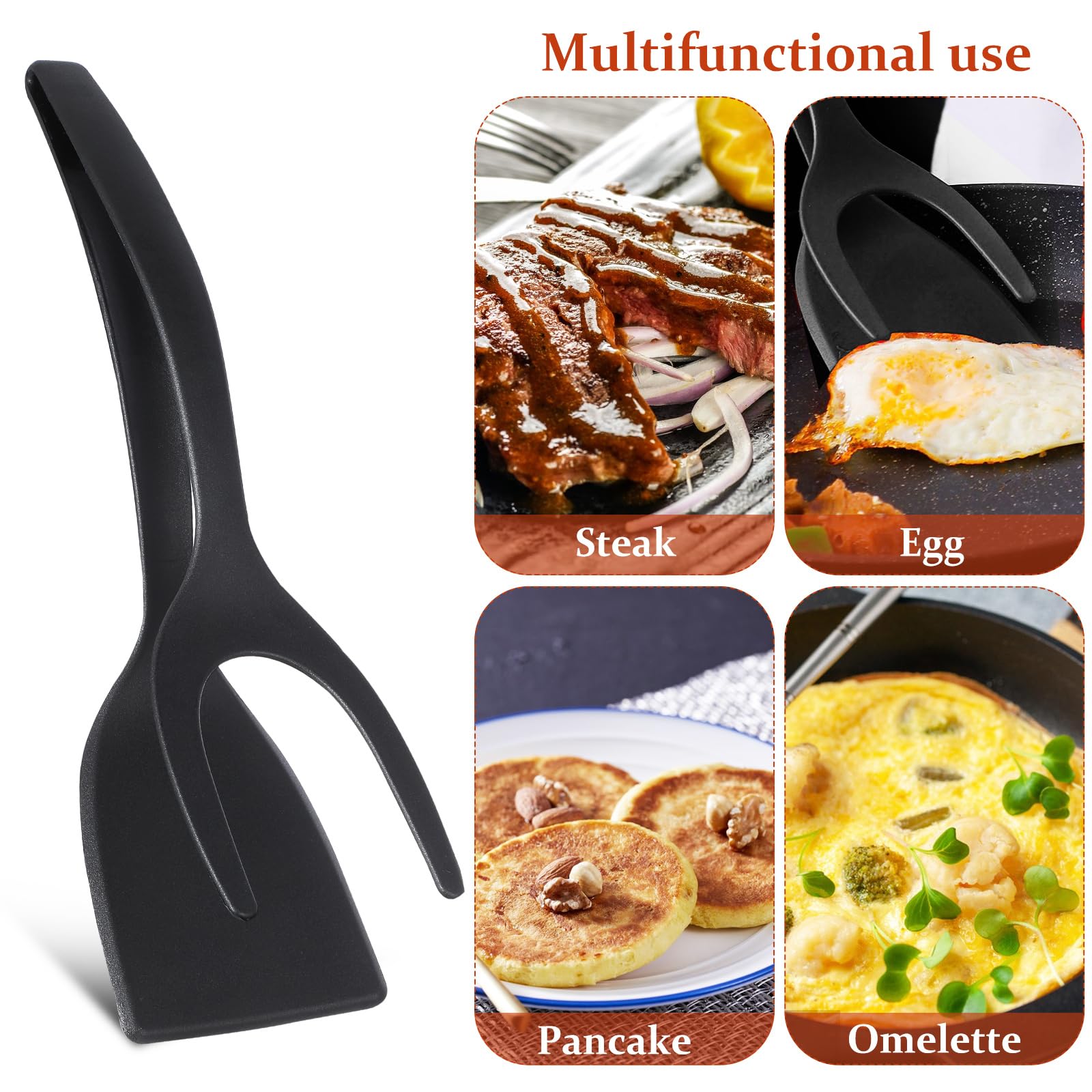 Alipis 2 in 1 Grip and Flip Spatula Tongs Egg Flipper Tong Pancake Fish French Toast Omelet Making for Home Kitchen Cooking Tool Black