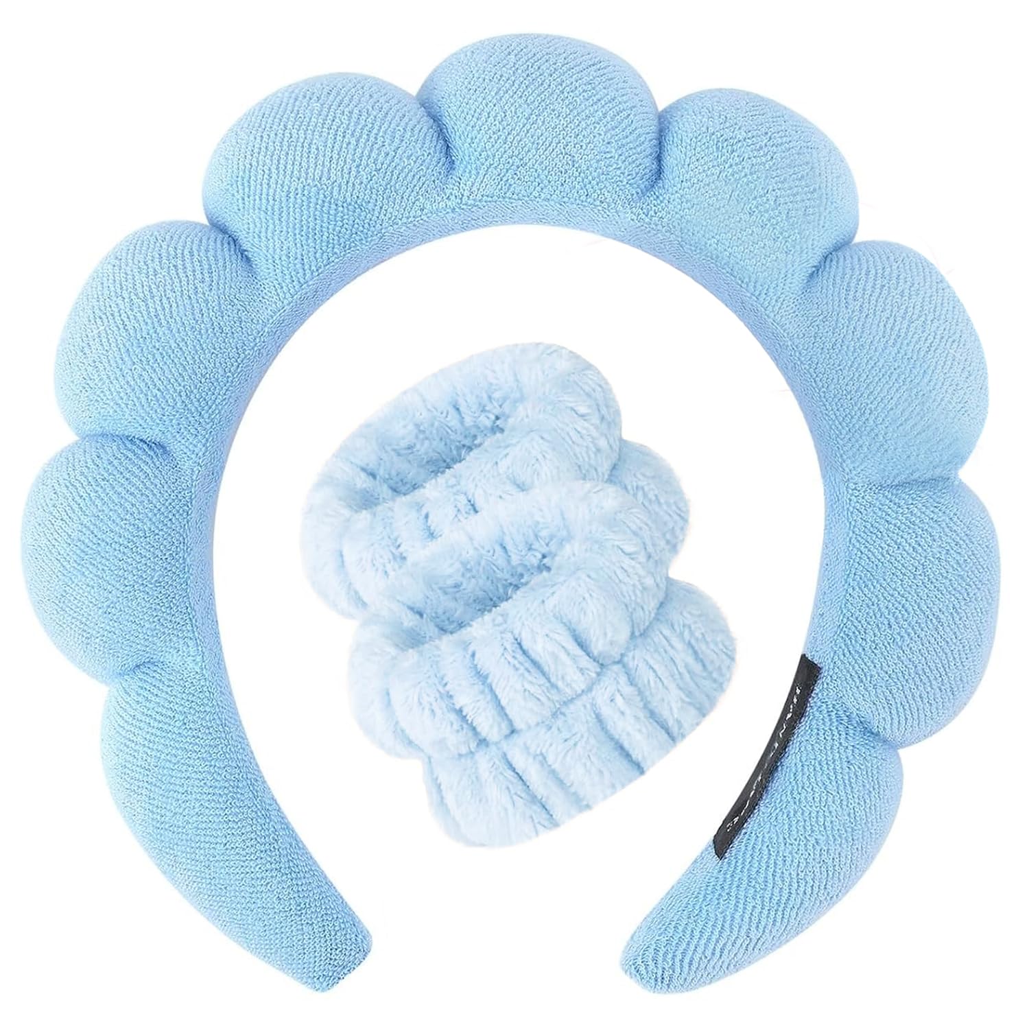 ANEESAA Spa Headband for Washing Face Wristband Set Sponge Makeup Skincare, Terry Cloth Bubble Soft Get Ready Hairband for Women Girl Puffy Padded Headwear Thick Hair Accessory (Blue)