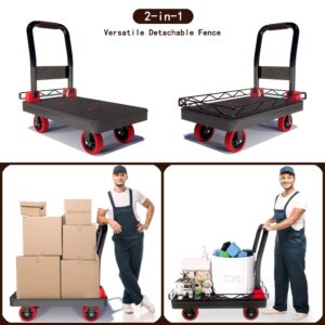 2IN1 Heavy Duty Platform Trucks Flatbed Carts, Push Cart Dolly 1760lbs Capacity Hand Trucks w/Detachable Solid Steel Wire Fence, 36×24 Collapsible Cage Cart Dolly, 5-Inch Silent TPR Wheels