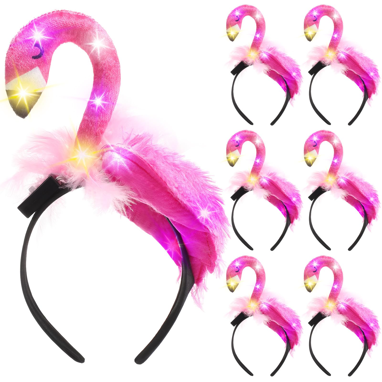 Solsew 6 Pcs LED Hawaii Flamingo Headband Pink Light up Flamingo Headdress Flamingo Accessories 3D Glowing Headwear Hair Hoop Animal Cosplay Hairband for Adult Women Hawaiian Summer Party