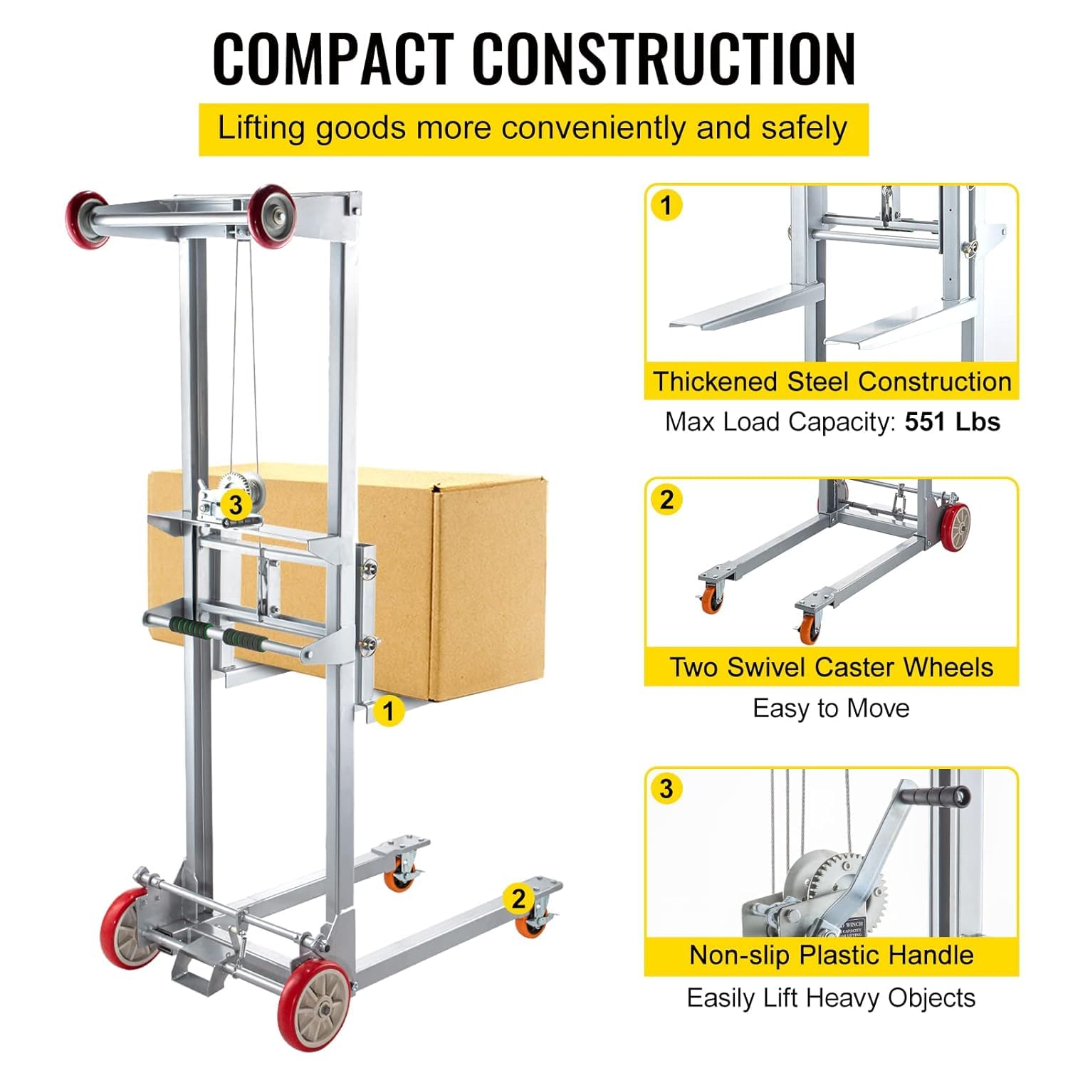 VEVOR 41.7" L x 25.8" W x 72.4" H Manual Winch Stacker, with 2.4" - 63" Height Range and 551 lbs Capacity, Adjustable Straddle Hand Winch Lift Truck, Material Lifts for Warehouse and Factory