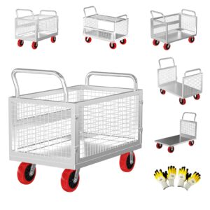 5in1 heavy duty platform truck cart with cage-40×24" hand truck,1800lbs capacity basket cart w/wheels,multi-functional push cart dolly w/6” swivel casters, versatile flatbed cart丨stall cart