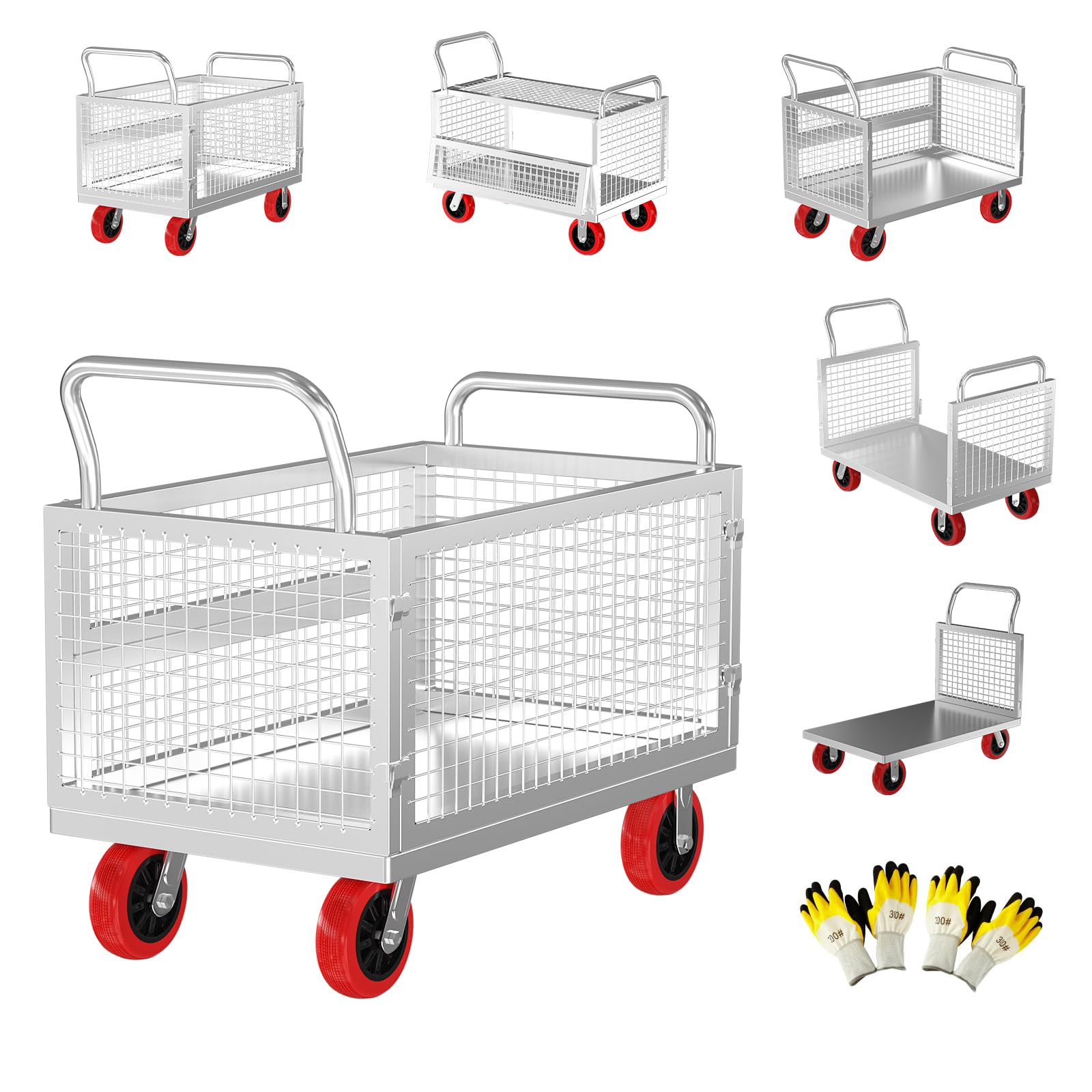 5IN1 Heavy Duty Platform Truck Cart with Cage-40×24" Hand Truck,1800lbs Capacity Basket Cart w/Wheels,Multi-Functional Push Cart Dolly w/6” Swivel Casters, Versatile Flatbed Cart丨Stall Cart