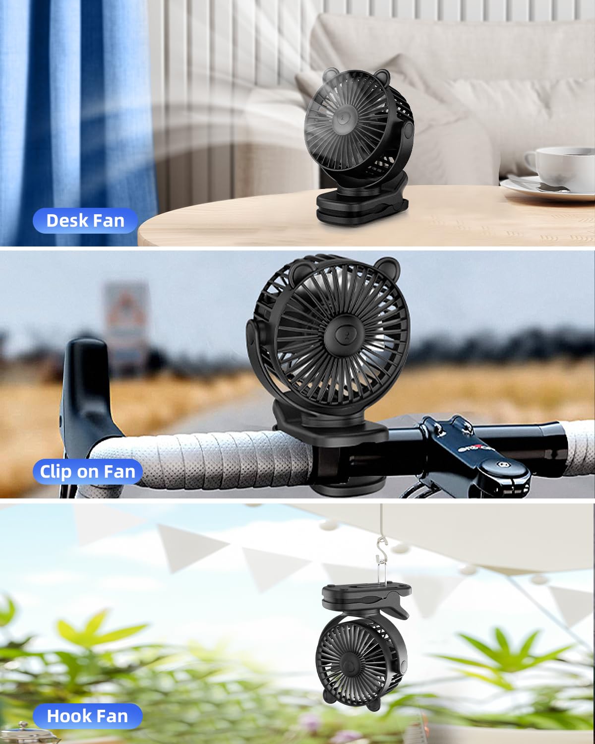 KIDEE Portable Clip on Fan, Small Desk Fan Battery Operated, 360° Rotation, Cute Design, 3 Speed, Mini Table Fan USB Rechargeable, Personal Cooling Baby Stroller Fan for Home Office Outdoor Travel