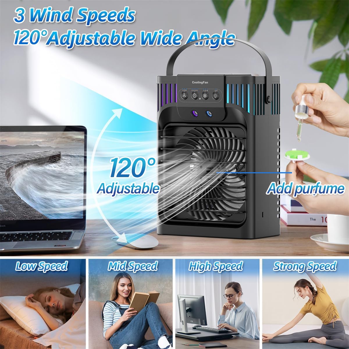 Portable air conditioner,1200 milliliter Cooling fan Air Conditioner with Remote,4 Wind Speed & 7 Led Light,3 Mist&2-8H Timer,Personal Air Conditioner