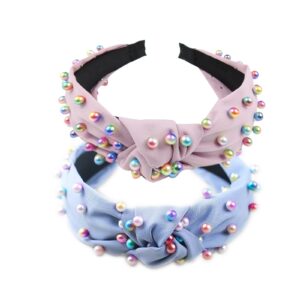 zujeam headbands for girls, pearl knotted headbands for women girls, colorful jeweled embellished gem hairband faux pearl cross knot twisted turban hair accessories for girls (pink, blue)