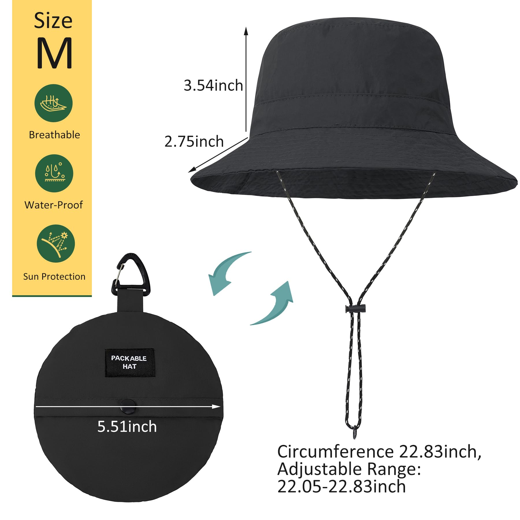 Zando Waterproof Bucket Hat for Woman Men Rain Hat UPF 50+ Sun Hats for Women Packable Outdoor Hiking Safari Hats for Women Wide Brim Summer Hat Adjustable Boonie Fishing Hat Black Hat One Size