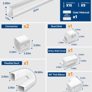 Nouscan 3" 12.5Ft Mini Split Line Set Cover with Flexible Duct, Upgrade PP Decorative Paintable Lineset Cover Kit, 39.37" per Straight Duct, for Minisplit, Air Conditioner, Central AC, HAVC