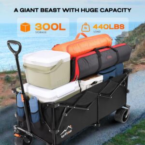 Uyittour Large Collapsible Extended Beach Wagon Cart 300L, 440lbs Weight Capacity Heavy Duty Foldable Wagon with Big All-Terrain Wheels, Utility Sports Folding Wagon for Camping Outdoor