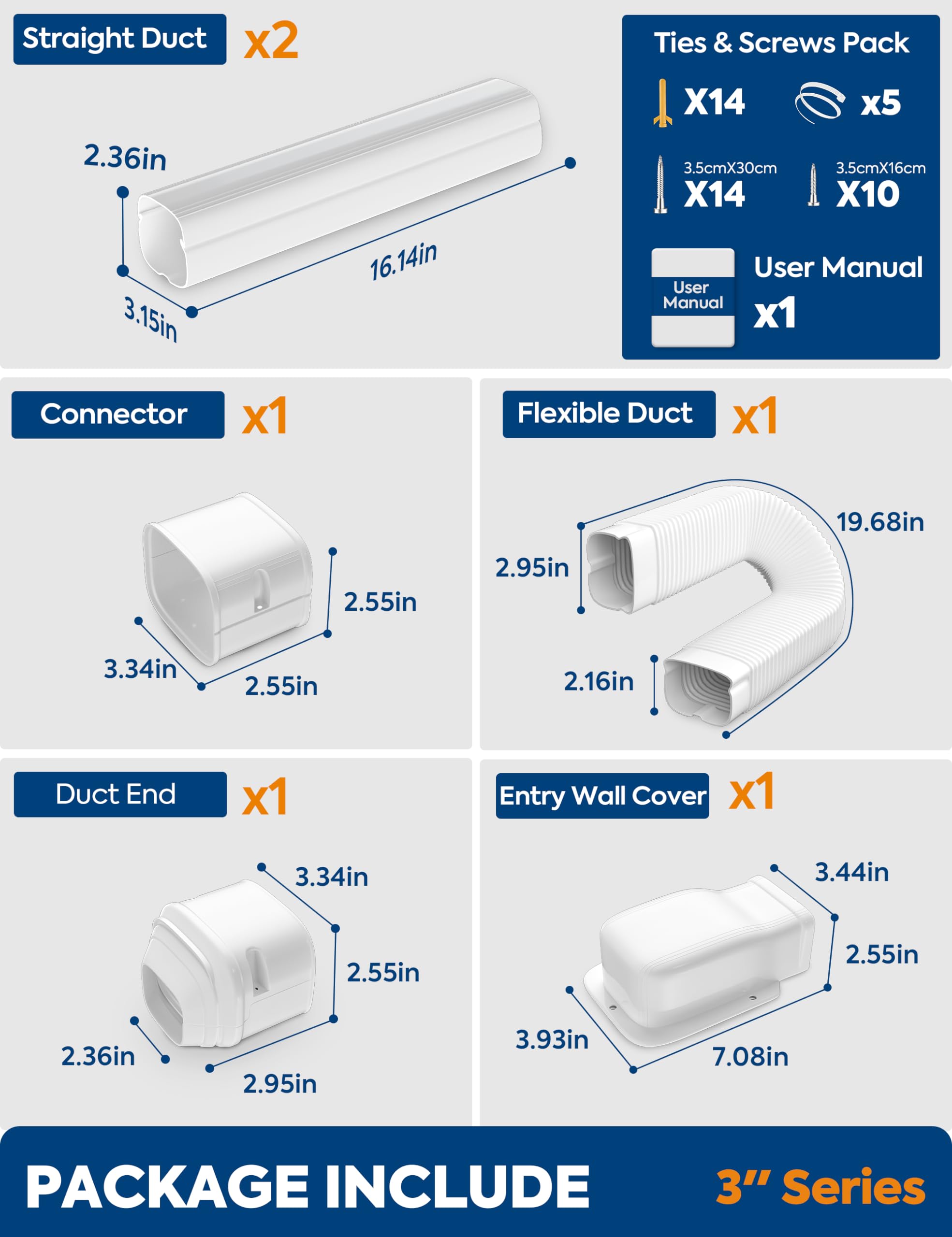 Nouscan 3" 9Ft Mini Split Line Set Cover with Flexible Duct, Upgrade PP Decorative Minisplit Lineset Cover Kit, Paintable for Mini Split, Air Conditioner, Central AC, HAVC and Heat Pumps, White