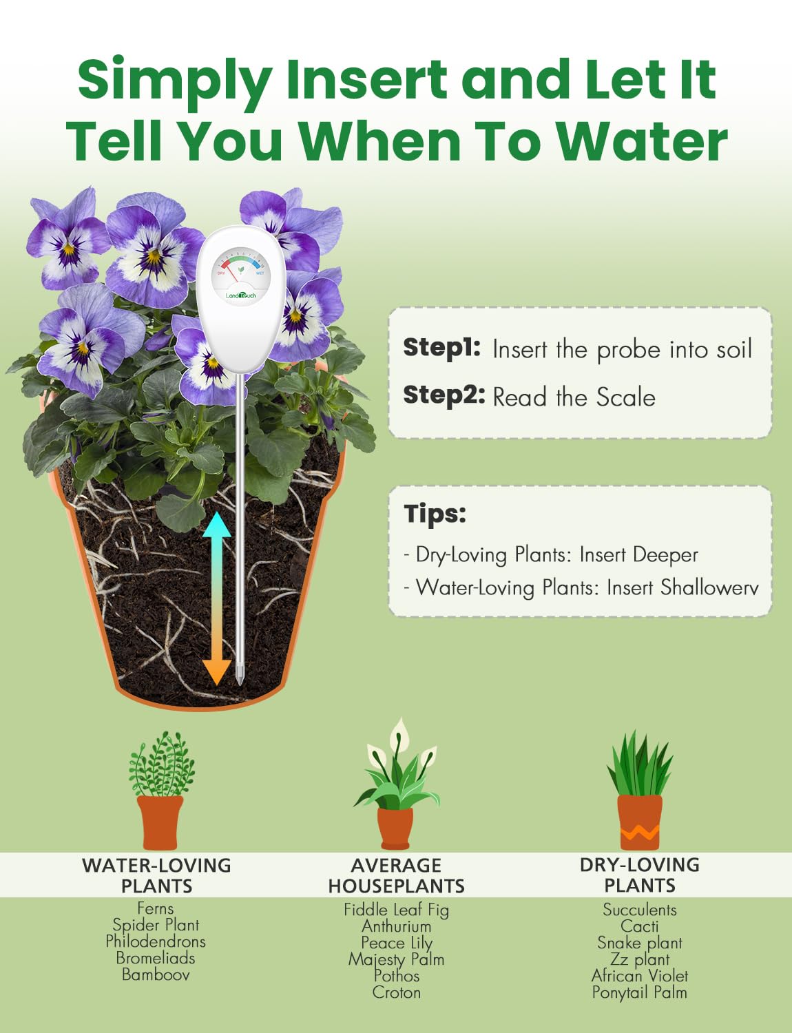 Landtouch Soil Moisture Meter, Moisture Meter for Plants, Moisture Meter for Soil, Garden, Farming, Potted Plants, Indoor & Outdoor, No Batteries Required
